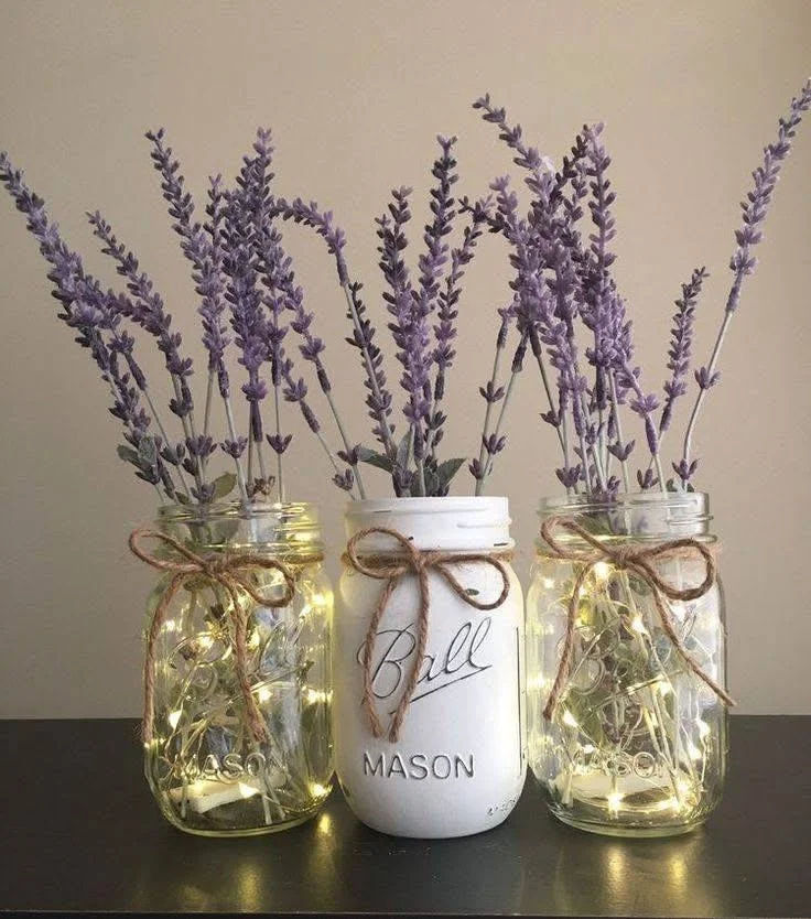 DIY Mason Jars with Fairy Lights and Lavender Sprigs Decoration. - jar decorating ideas