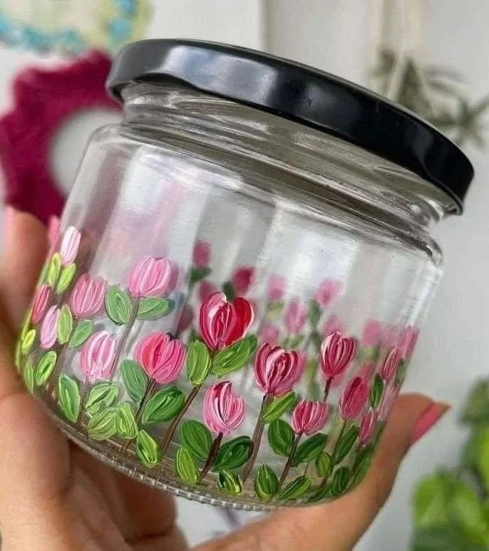 DIY Hand-Painted Floral Glass Jar for Home Decor.