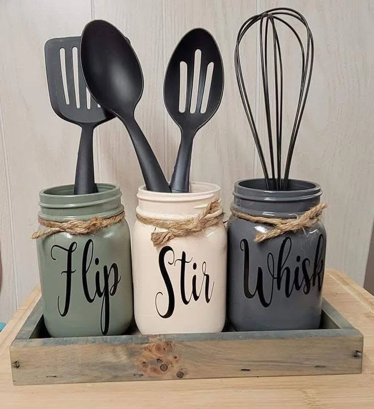 DIY Mason Jar Utensil Holders Labeled Flip Stir Whisk.