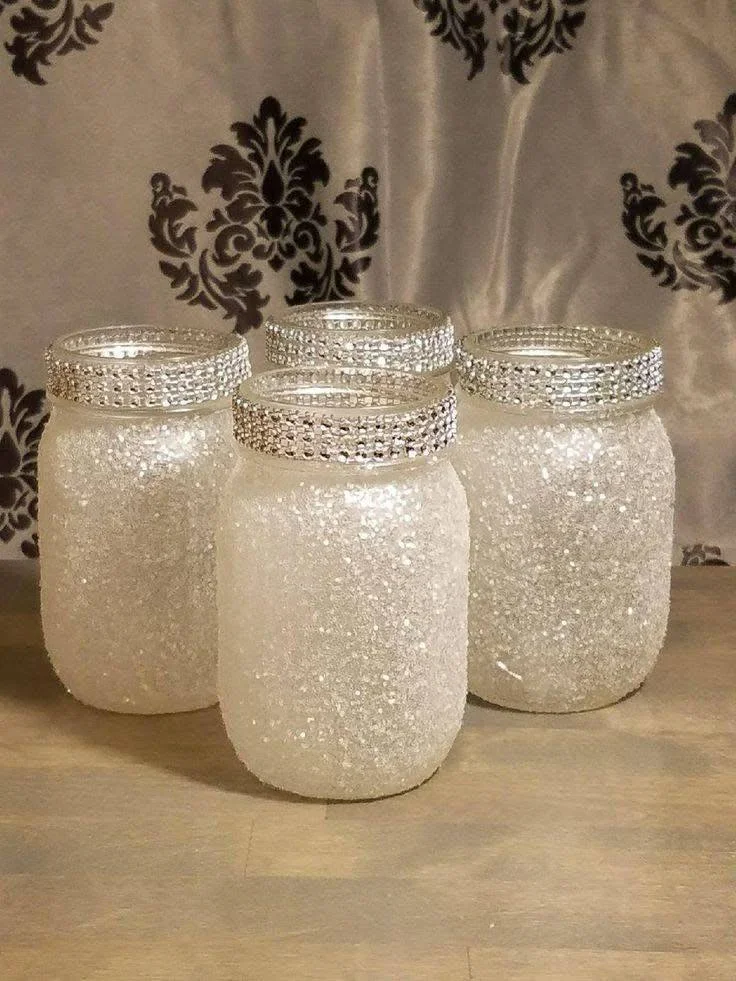 DIY Glitter and Rhinestone Decorated Mason Jars.