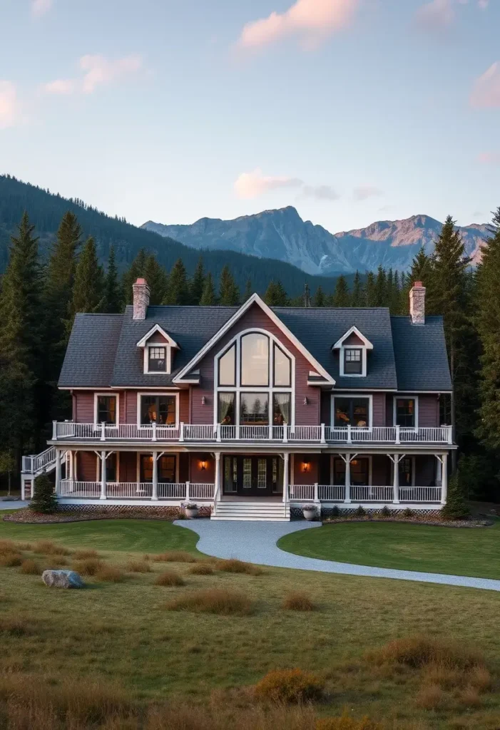 Grand luxury farmhouse with wraparound porch and large windows, nestled in a mountain landscape.