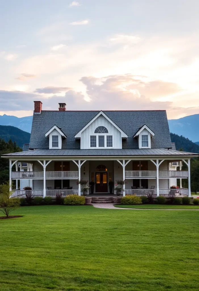 White farmhouse with a wraparound porch, dormer roofs, and arched windows, surrounded by greenery and a mountain backdrop.