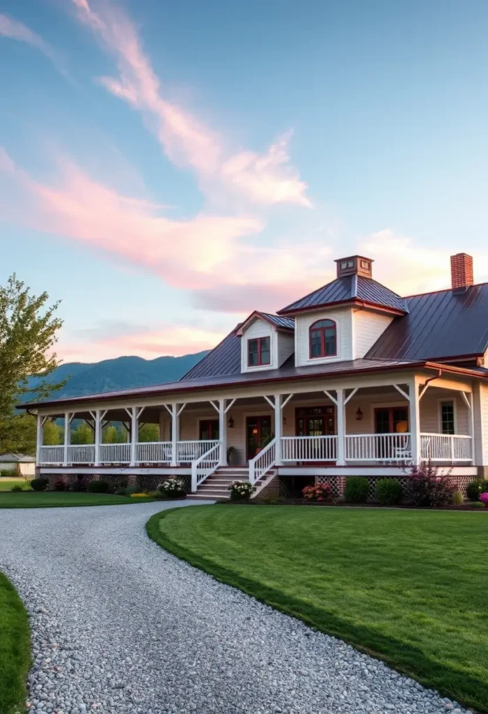 White Southern farmhouse with a metal roof, dormer windows, and a wraparound porch, set against a scenic mountain backdrop.