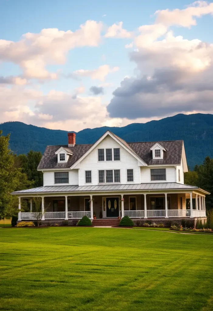 Classic white farmhouse with a wraparound porch, dormer windows, and a metal roof, set against a mountain landscape.