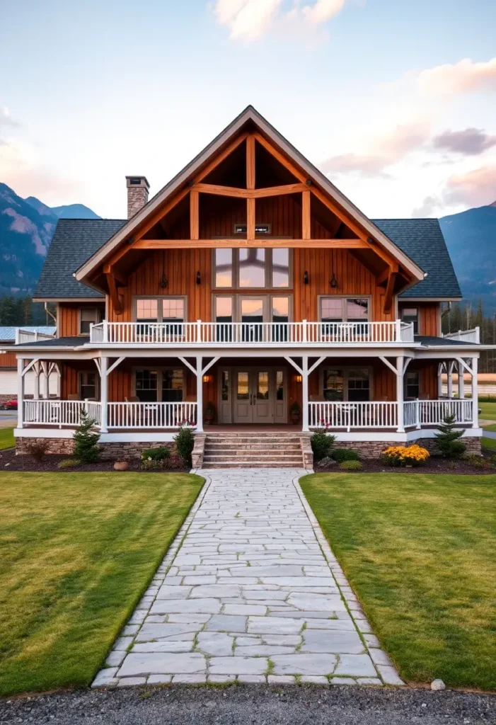 Rustic timber farmhouse with a grand balcony, vaulted glass windows, and a stone pathway, set against a mountain backdrop.