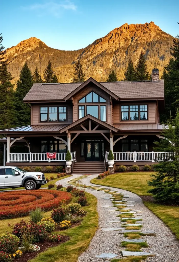 Rustic farmhouse with brown siding, black windows, a gabled entryway, and a wraparound porch, set against a scenic mountain view.