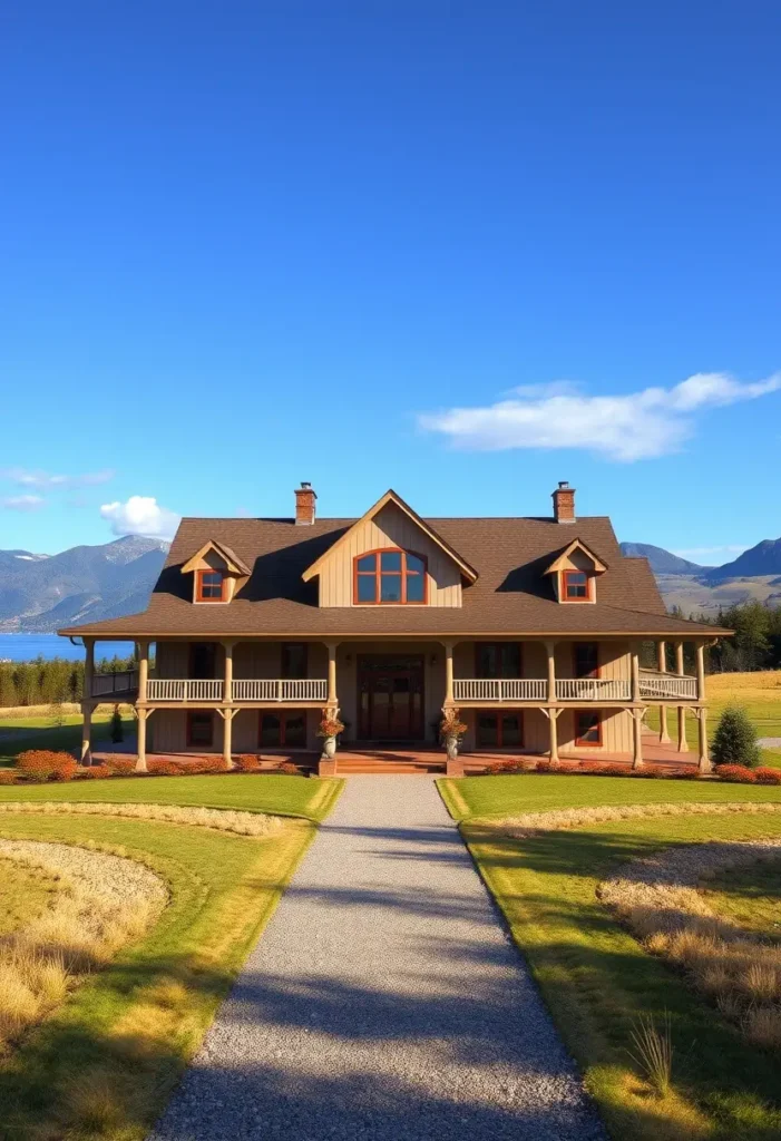 Luxury farmhouse with wraparound porch, arched dormer window, and mountain landscape.