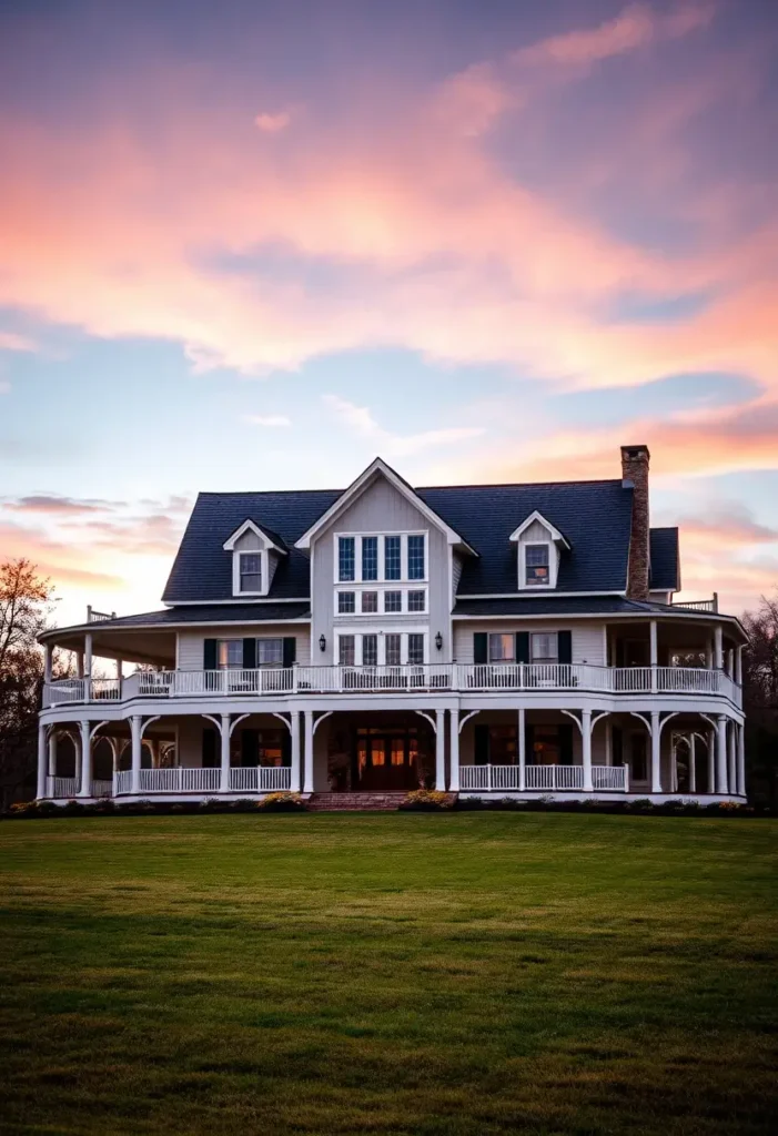 Grand white farmhouse with double wraparound porches, arched columns, and a gabled roof, set against a sunset sky.