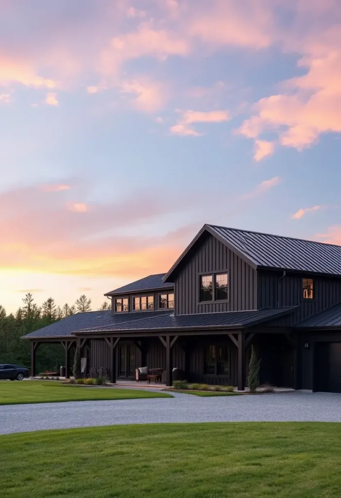 Modern black farmhouse with a metal roof, expansive windows, and a deep covered porch, set against a sunset sky.