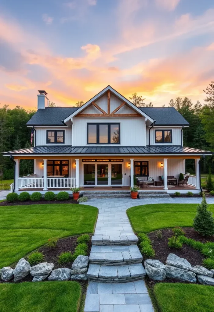 White modern farmhouse with rustic wood beams, black window trim, and a wraparound porch, set against a sunset sky.