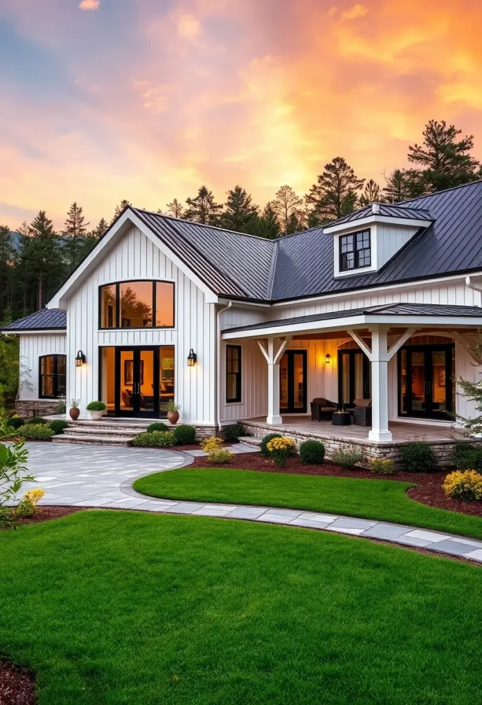 White farmhouse with black metal roofing, a glass entryway, and a wraparound porch, surrounded by lush greenery and a sunset sky.