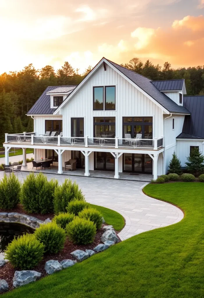 White modern farmhouse with black windows, a metal roof, and an expansive balcony, surrounded by lush landscaping and a stone pathway.