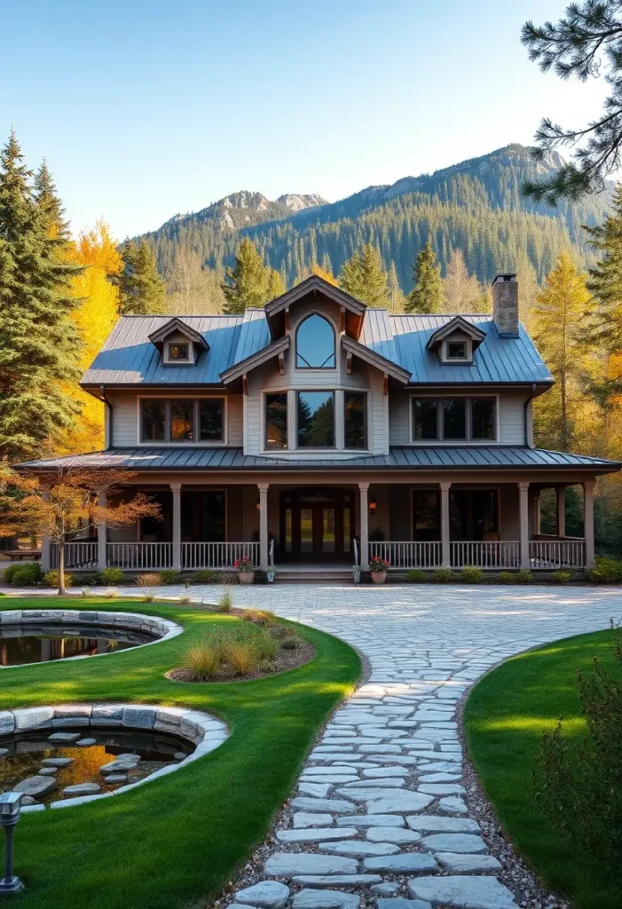 Luxury farmhouse with a wraparound porch, metal roofing, and arched windows, surrounded by mountain scenery and landscaped ponds.