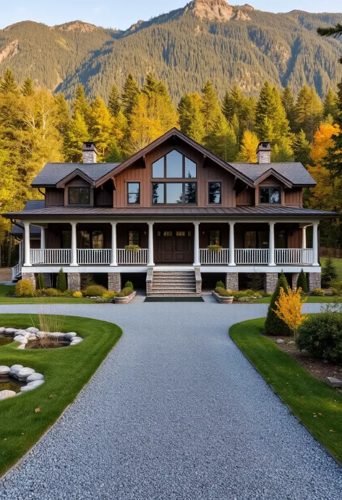 Rustic brown farmhouse with a wraparound porch, stone foundation, and arched windows, nestled in a scenic mountain setting.