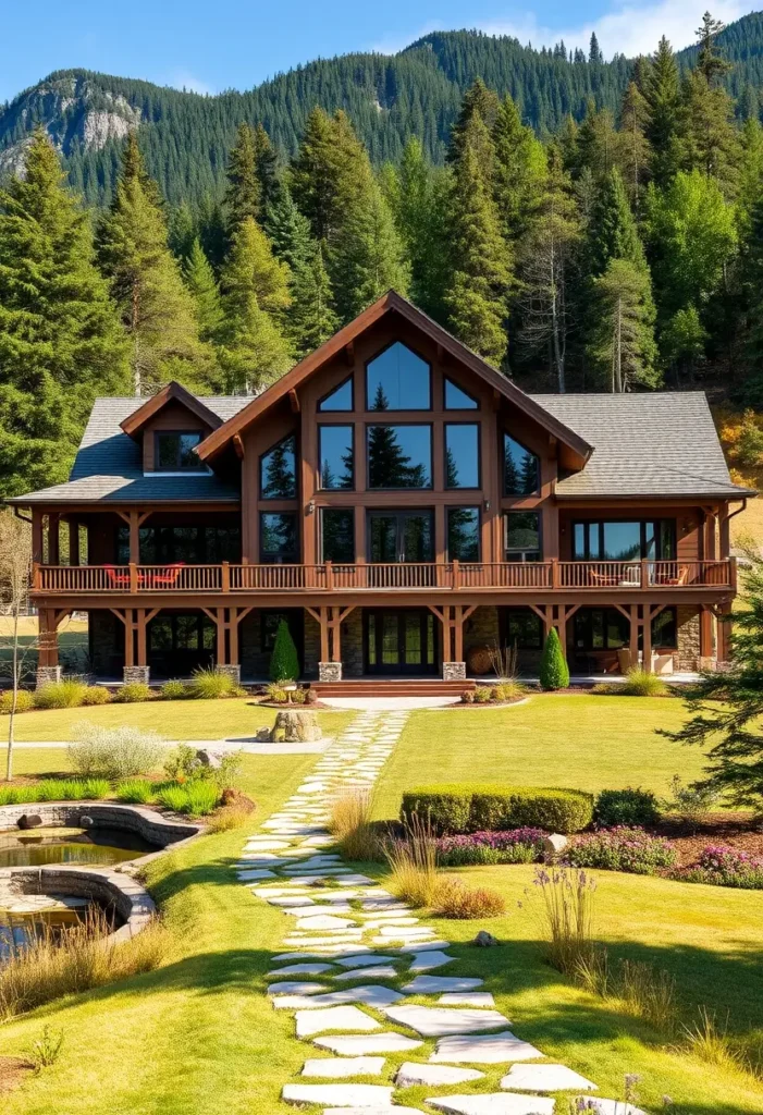 Timber-frame farmhouse with floor-to-ceiling windows, wraparound balcony, and stone-accented pillars, set against a scenic mountain backdrop.