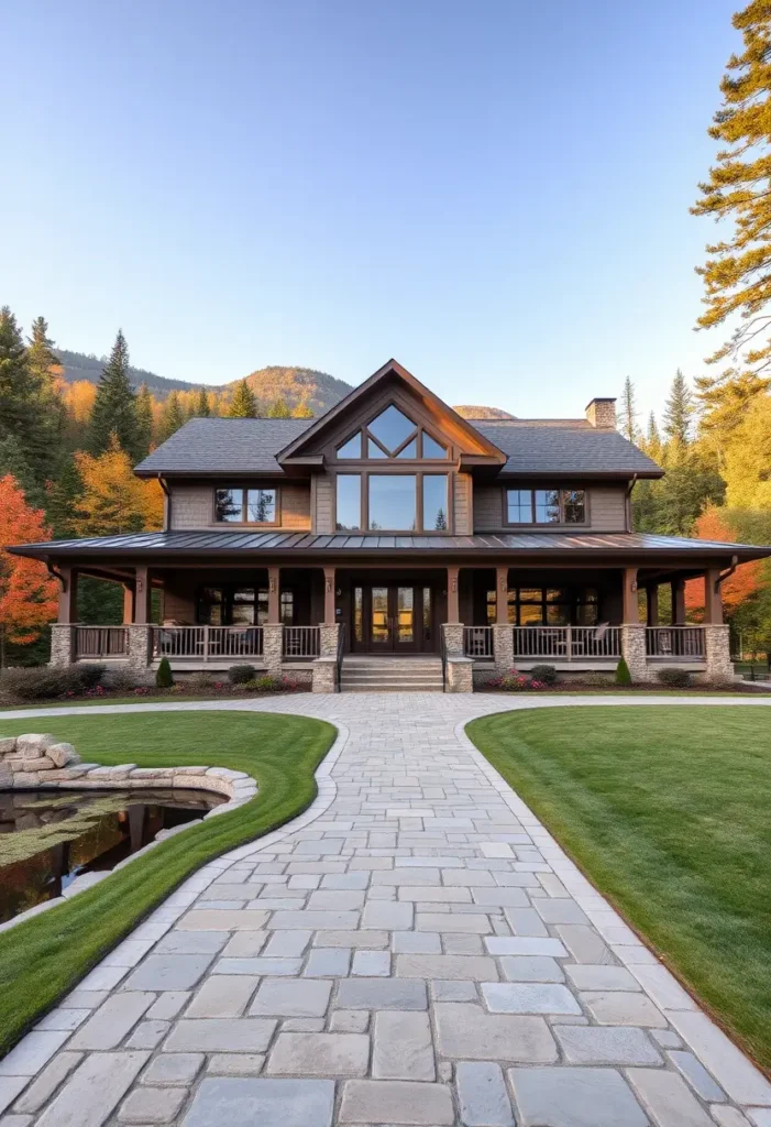 Luxury farmhouse with a stone pathway, wraparound porch, and rustic wood and stone exterior.