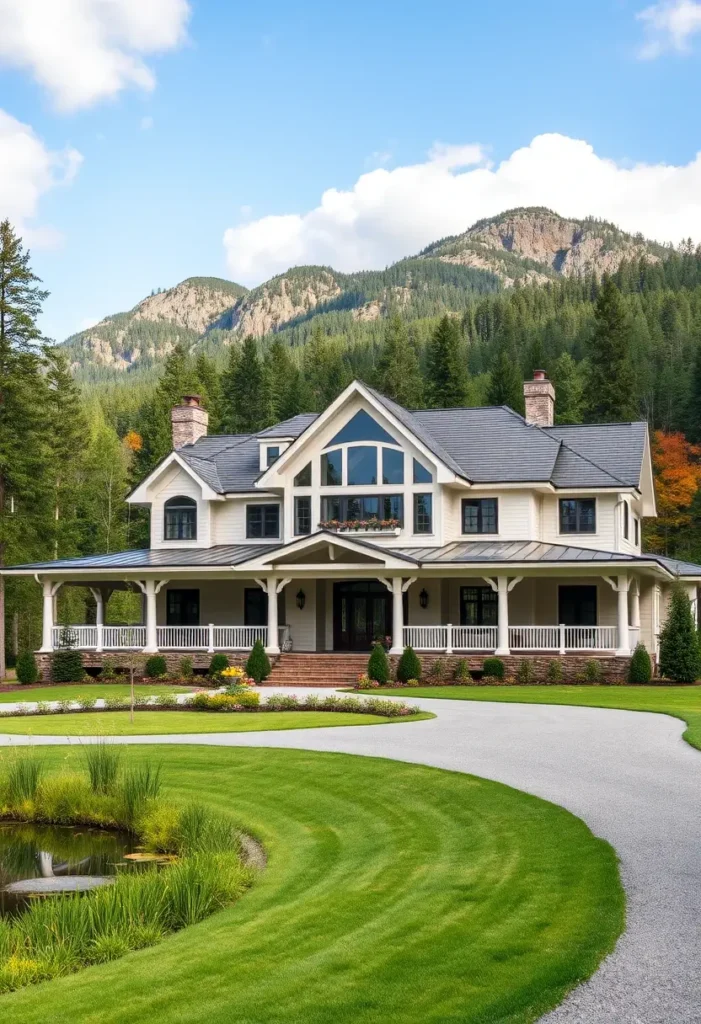 Luxury white farmhouse with a wraparound porch, large windows, and mountain views.