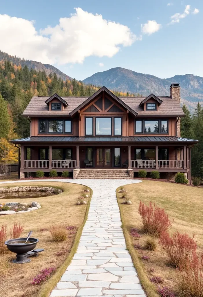 Rustic luxury farmhouse with a wraparound porch, black-framed windows, and a scenic mountain view.