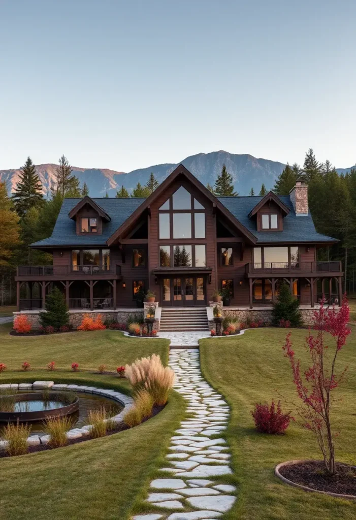 Luxury farmhouse with dark wood siding, large windows, and a mountain backdrop.