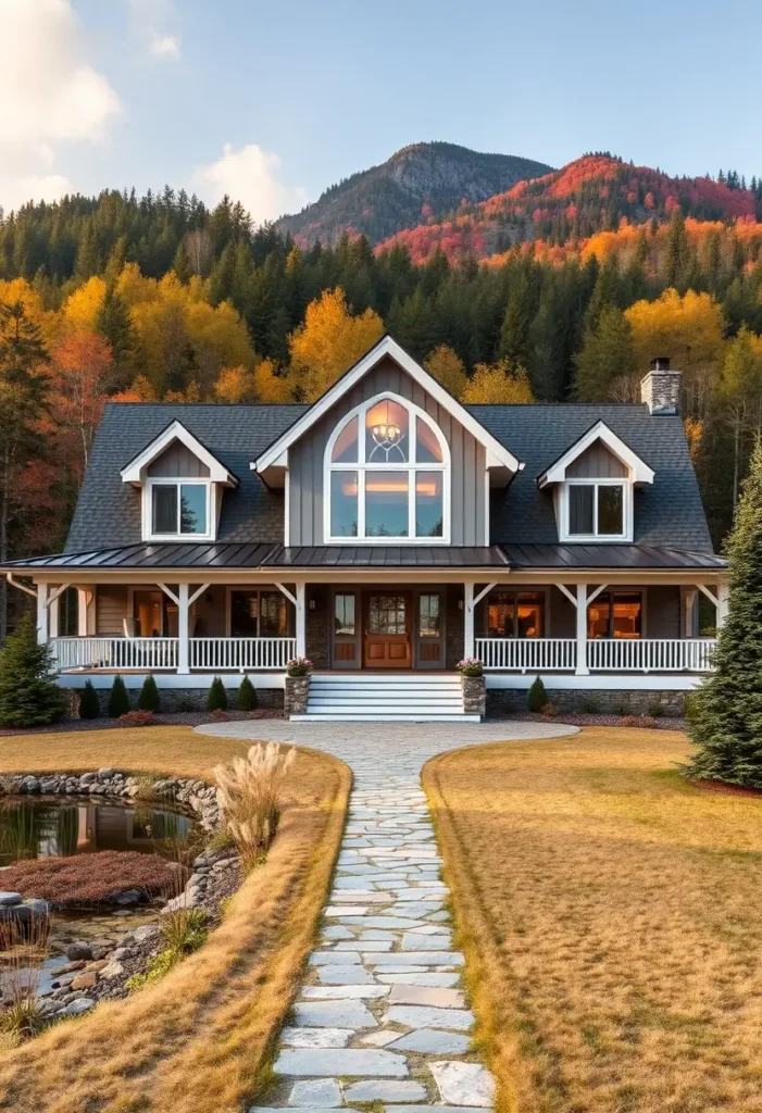 Luxury gray farmhouse with arched window, wraparound porch, and autumn mountain backdrop.