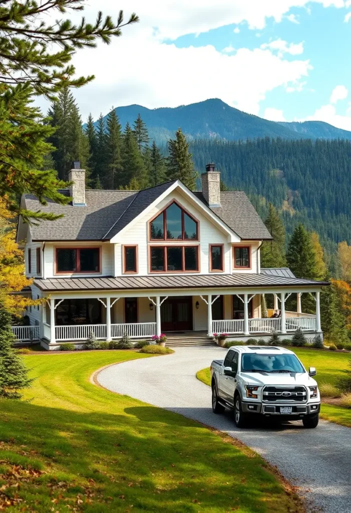 White farmhouse with large gabled windows, wraparound porch, and curved driveway.