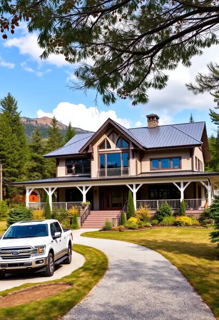 Modern farmhouse with a metal roof, large porches, and a curved gravel driveway.