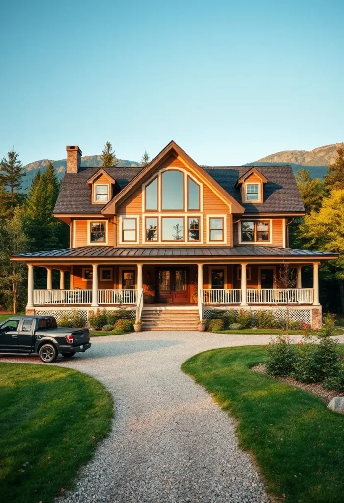 Timber farmhouse with wraparound porch, dormer windows, and an arched central window, bathed in golden-hour light. Luxury Farmhouse Exteriors