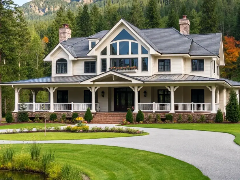 White farmhouse with wraparound porch, grand arched window, and twin chimneys, surrounded by lush greenery. Luxury Farmhouse Exteriors