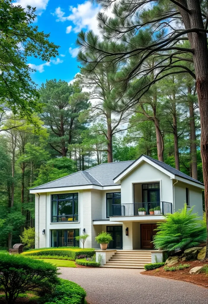 Modern white home exterior with black-framed windows, a sleek balcony, and lush greenery for a timeless yet contemporary look.