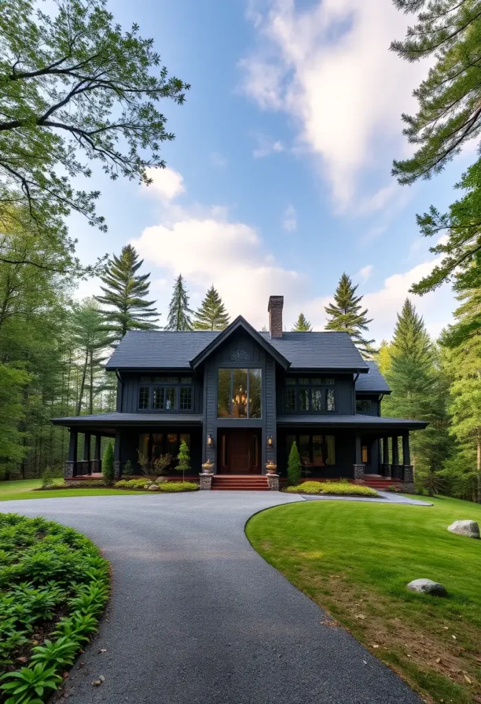 Black modern home with a wraparound porch, large central window, and warm lighting, set against a lush green landscape for a bold yet elegant exterior.