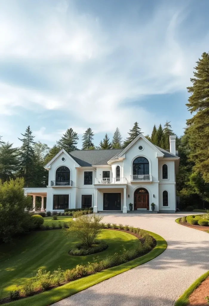 Luxury white mansion with arched windows, a grand entrance, and elegant landscaping, showcasing modern classic design with timeless charm.