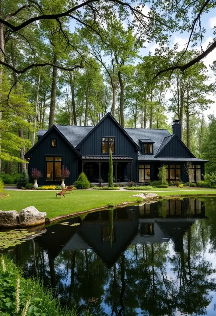 Black modern farmhouse with sharp gables, floor-to-ceiling windows, and a pondside setting, blending bold architecture with natural elegance.