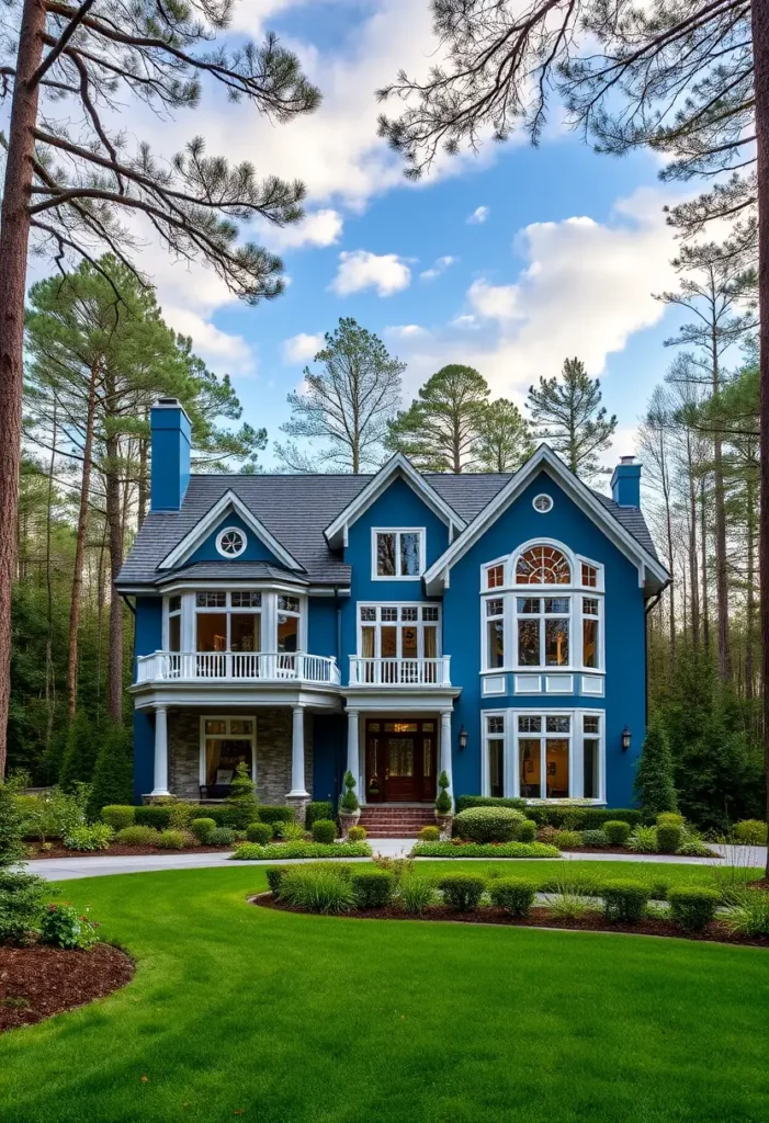 Luxury blue estate with white trim, arched windows, and stately balconies, blending classic elegance with modern sophistication.