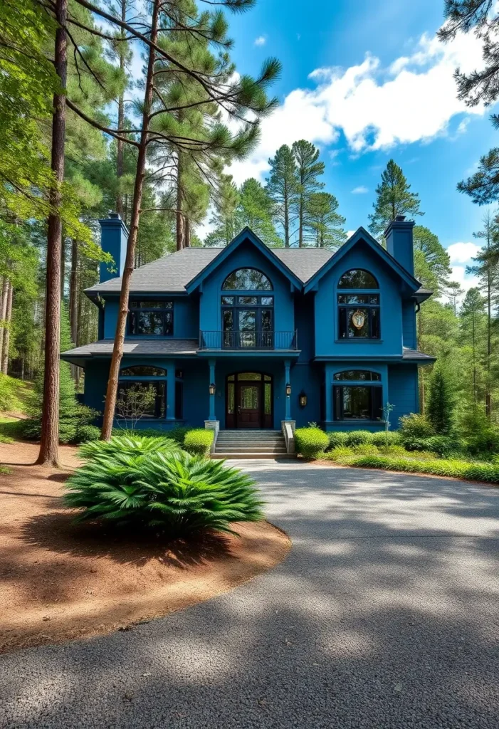 Deep blue modern home with Gothic-inspired arches, black trim, and arched windows, set among towering pine trees for a striking architectural statement.