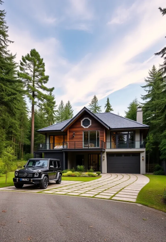 Modern luxury home featuring wood paneling, black metal accents, and a spacious balcony, blending contemporary architecture with natural surroundings.