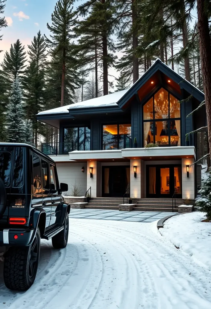 Modern winter home with large glass windows, warm interior lighting, and a sleek black roof, surrounded by a snowy forest for a cozy yet luxurious retreat.