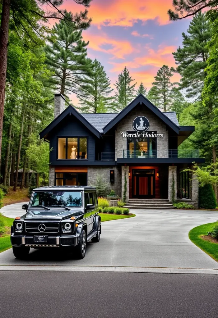 Luxury modern villa with stone accents, black gabled roofing, and large glass windows, featuring a grand entrance and forest surroundings for a sophisticated yet natural aesthetic.