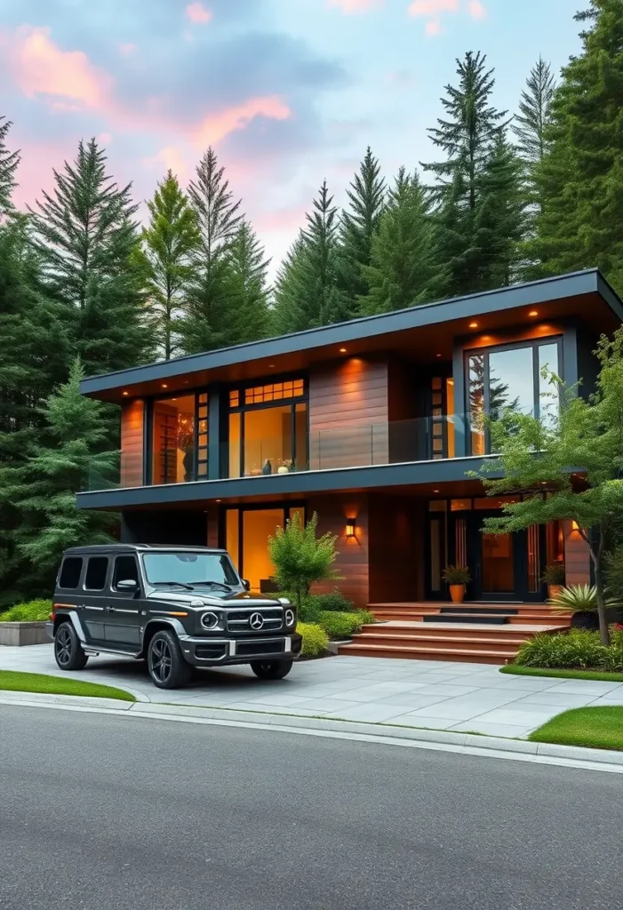 Contemporary luxury home with warm wood paneling, floor-to-ceiling glass windows, and ambient lighting, featuring a modern minimalist driveway and lush landscaping.