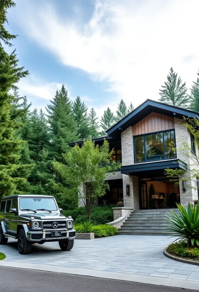 Modern luxury home with natural stone cladding, black steel accents, and expansive glass windows, featuring a stylish balcony and lush forest surroundings.