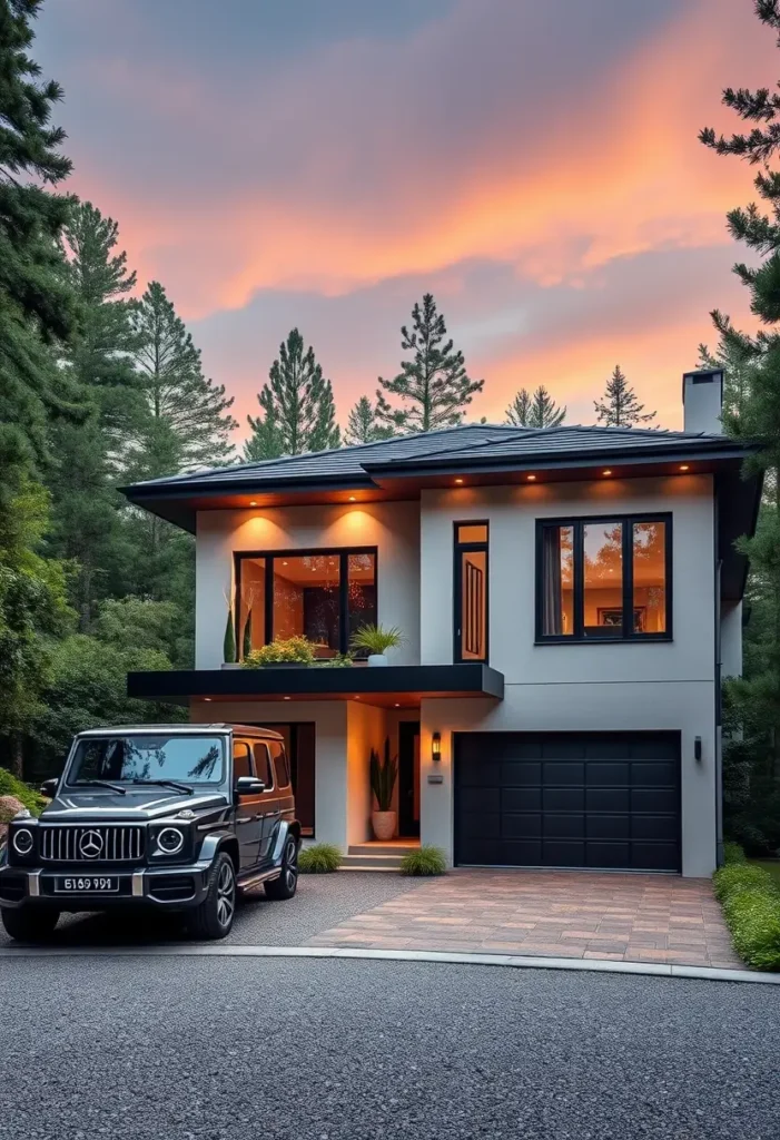 Modern minimalist home with smooth stucco, black trim, a cantilevered balcony, and warm lighting, creating a sleek and inviting exterior.