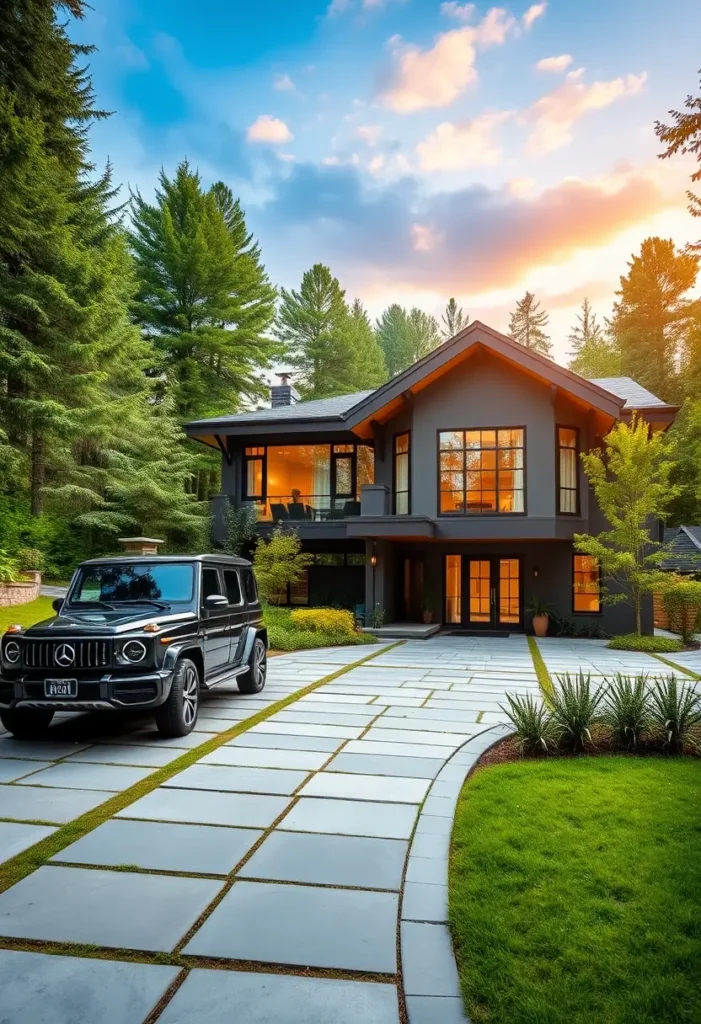 Modern luxury home with dark exteriors, expansive windows, warm interior lighting, and a stylish stone-paved driveway set within a lush forest.