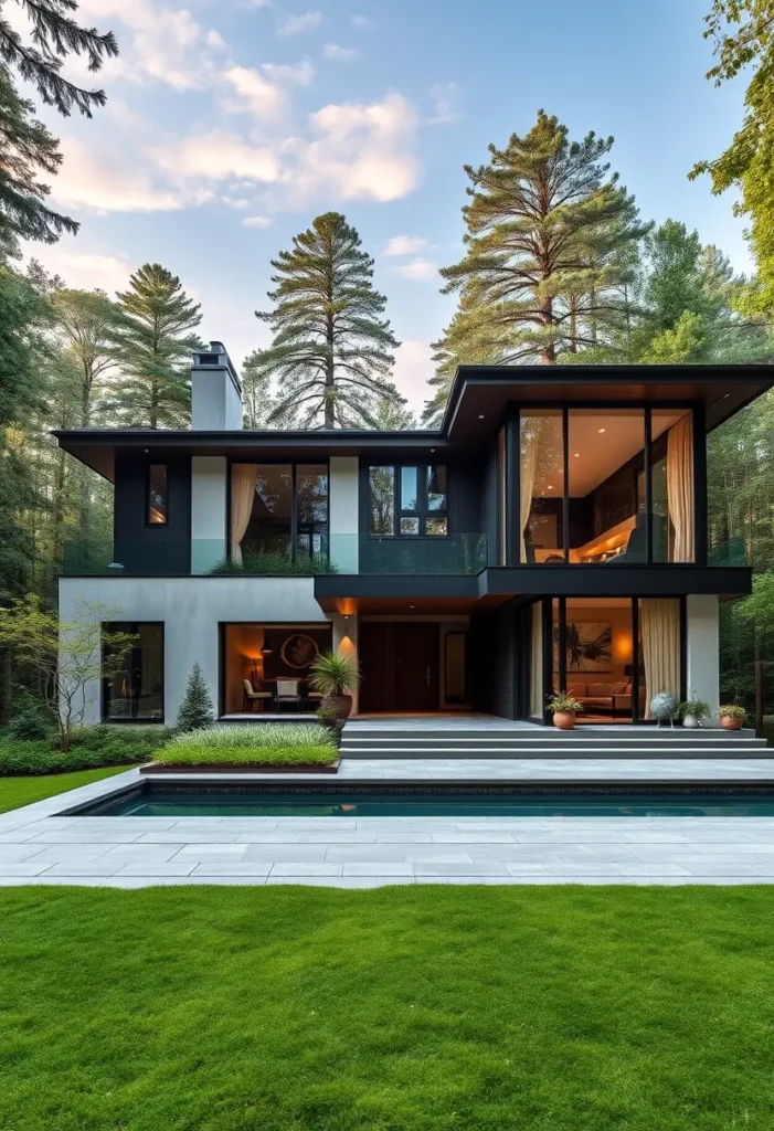 Luxury modern home with floor-to-ceiling glass windows, an infinity-edge pool, and sleek architectural design, creating a seamless indoor-outdoor living experience.