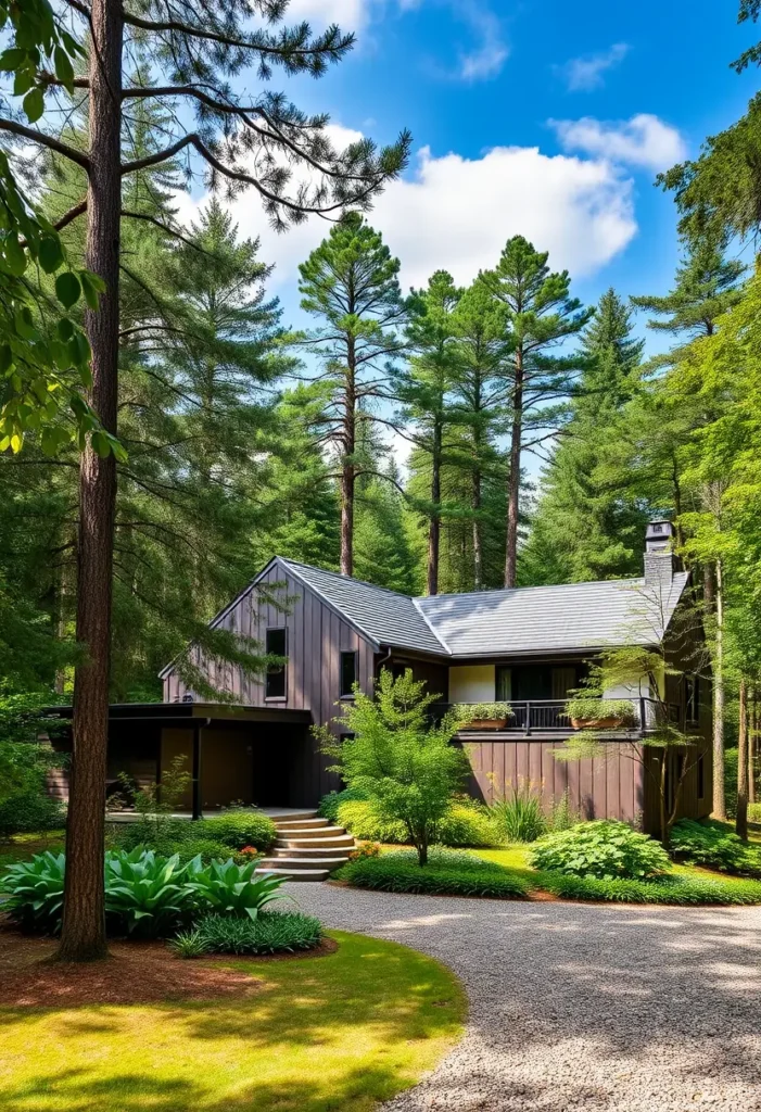 Luxury modern home with a dark-paneled exterior, large windows, and a forest setting, blending natural and contemporary elements harmoniously.