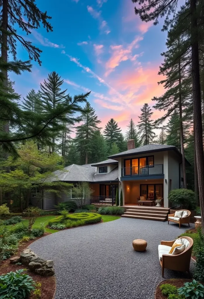 Modern luxury home with warm lighting, a stylish gravel courtyard, and a cozy outdoor seating area nestled in a lush forest.