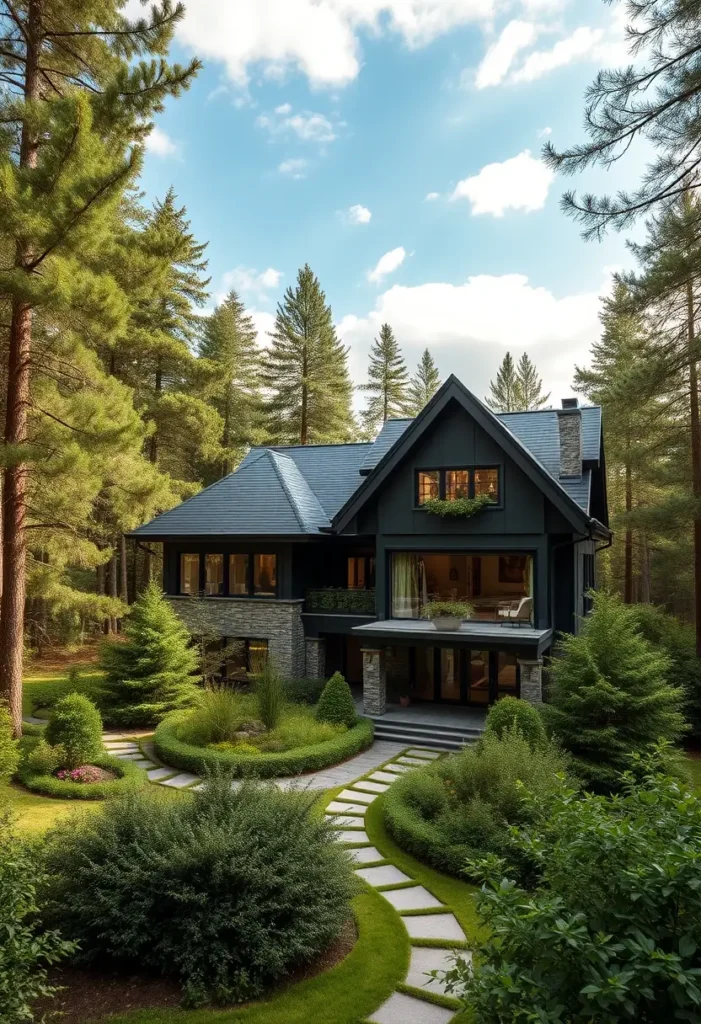 Luxury black modern home with stone accents, surrounded by lush greenery and a curved stone pathway leading to the entrance.