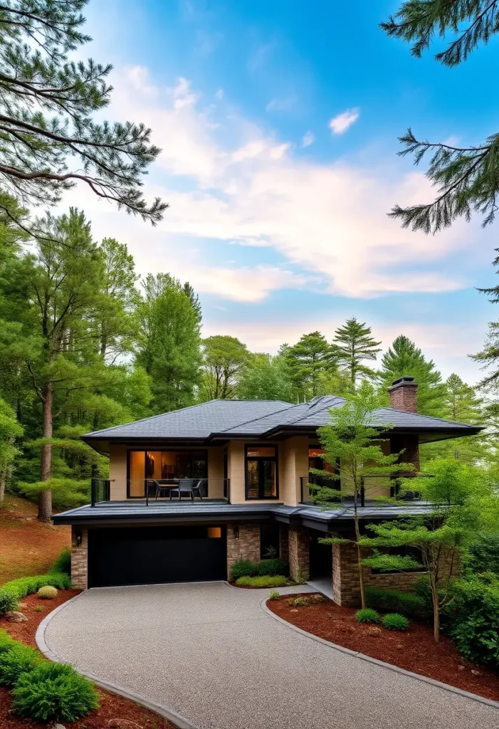 Modern prairie-style home with an upper-level balcony, sleek black roof, and natural-toned brick facade, surrounded by lush greenery.