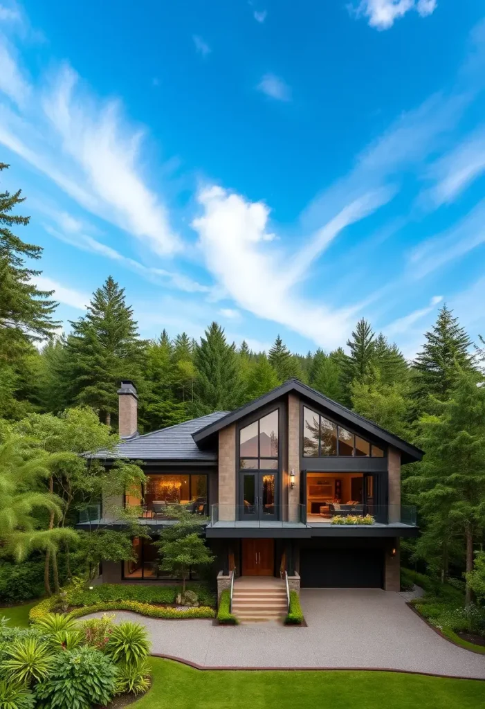 Luxury modern home with an A-frame design, expansive glass windows, and a second-floor balcony, surrounded by lush greenery.