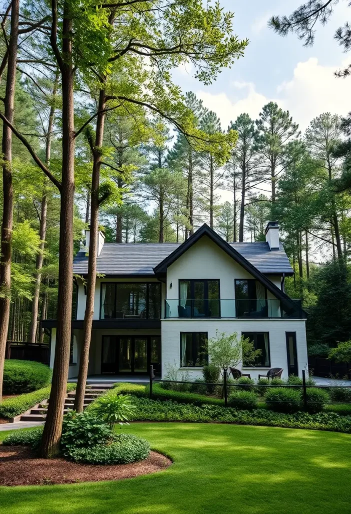 Luxury black and white modern home with glass balconies, nestled in a lush green forest setting.