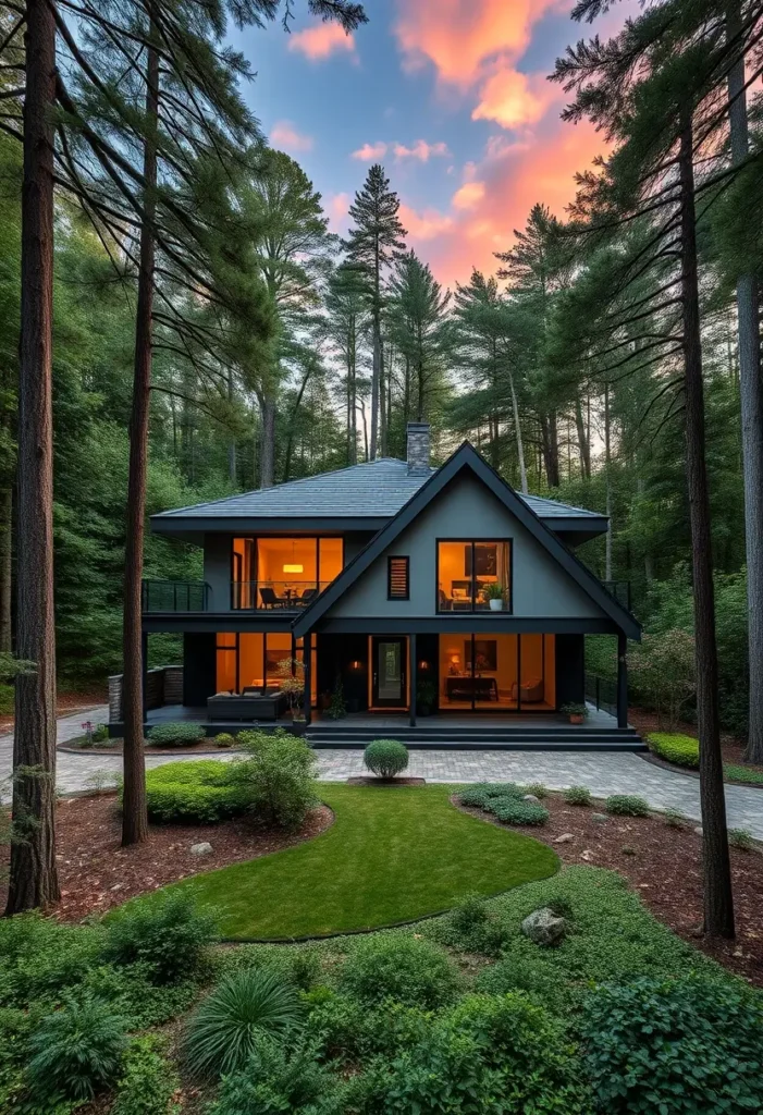 Luxury black A-frame home with large glass windows, nestled in a lush green forest during sunset.