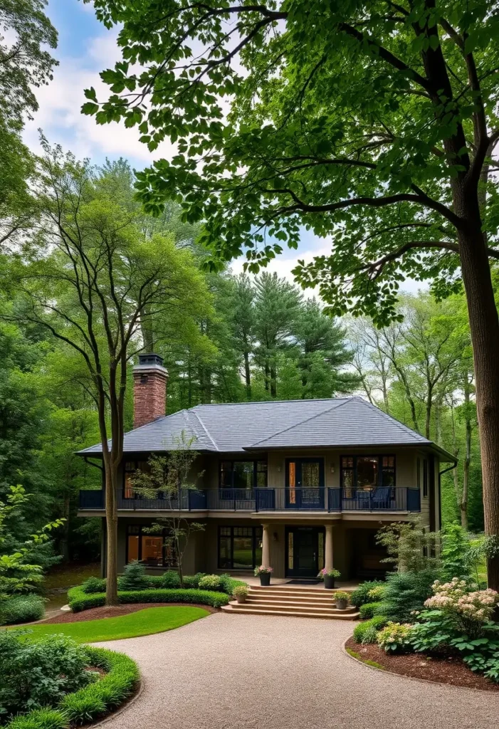 Luxury modern home with a wraparound balcony, surrounded by lush greenery and a beautifully landscaped driveway.